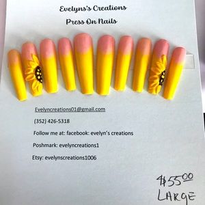 Handmade yellow sunflowers with acrylic and gel polish.